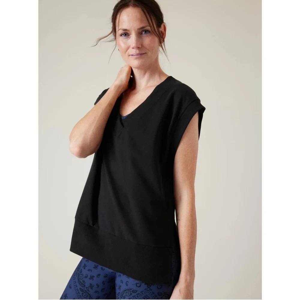 Athleta Retroterry V-Neck Sweatshirt Sleeveless Black XS NWT Athleisure Yoga